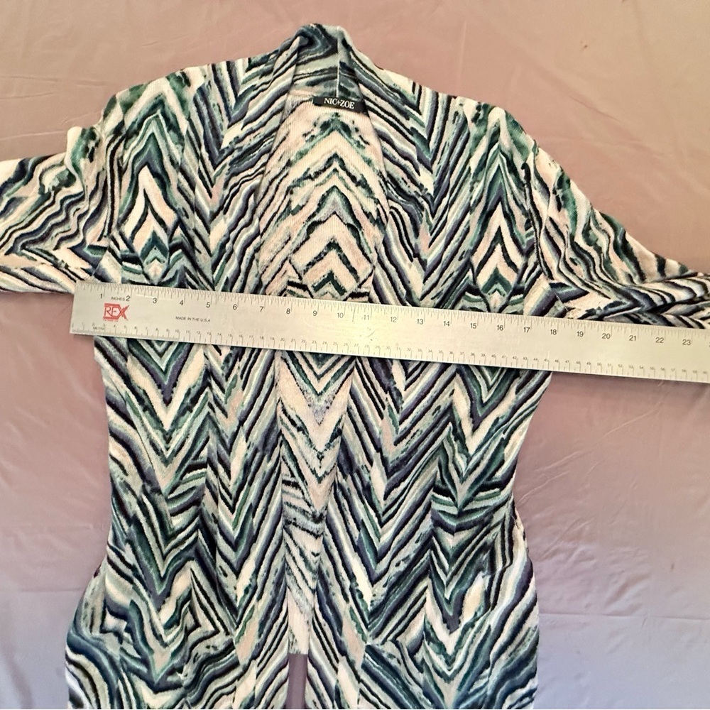 NIC+ZOE Cream/Teal/Navy Open Front Chevron Linen Sweater Size Medium MSRP $168 - Picture 10 of 12